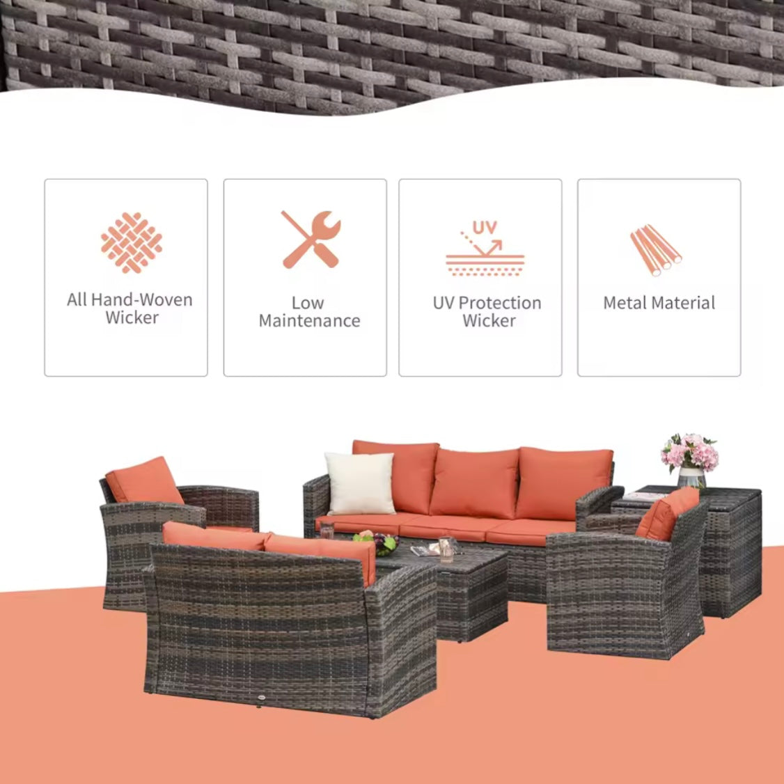 7 Seater Rattan Garden Furniture Set inc Coffee Table With Storage